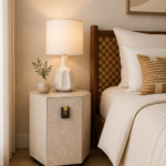 sedef efektli özel üretim komodin, geometrik kapaklı özel ölçü bedside table, pirinç detaylı sipariş mobilya yatak yanı, siyah kaideli ısmarlama mobilya komodin, kuşgözü desenli luxury yatak odası komodini