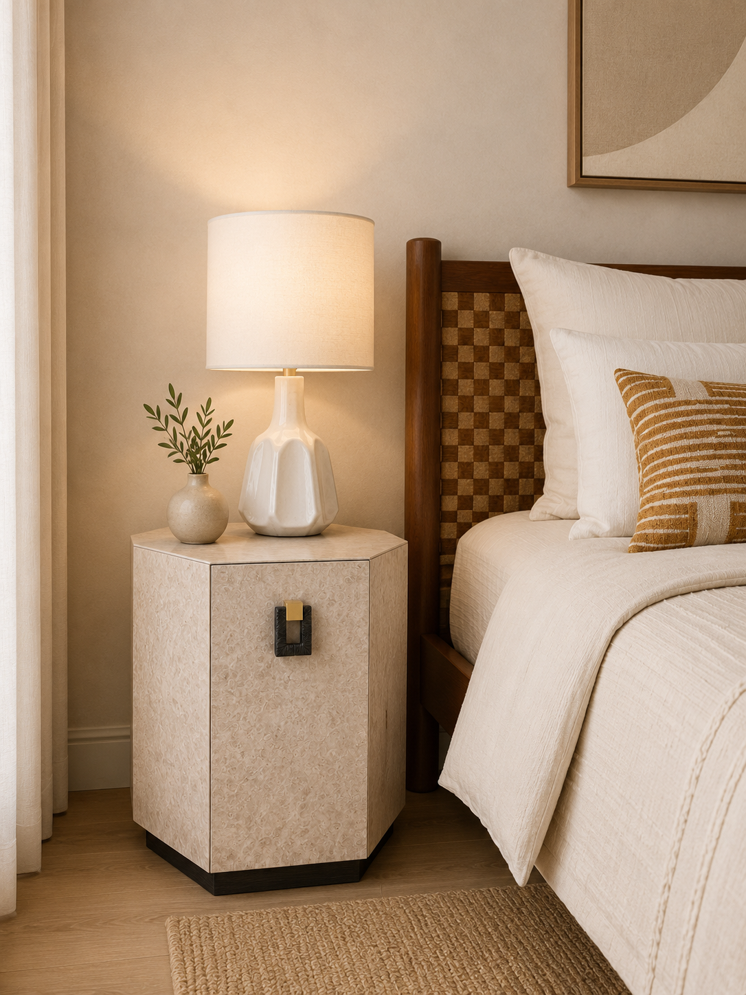 sedef efektli özel üretim komodin, geometrik kapaklı özel ölçü bedside table, pirinç detaylı sipariş mobilya yatak yanı, siyah kaideli ısmarlama mobilya komodin, kuşgözü desenli luxury yatak odası komodini