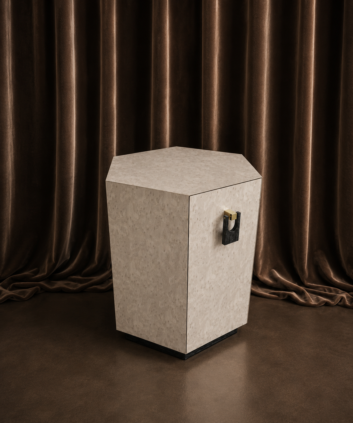 sedef efektli özel üretim komodin, geometrik kapaklı özel ölçü bedside table, pirinç detaylı sipariş mobilya yatak yanı, siyah kaideli ısmarlama mobilya komodin, kuşgözü desenli luxury yatak odası komodini
