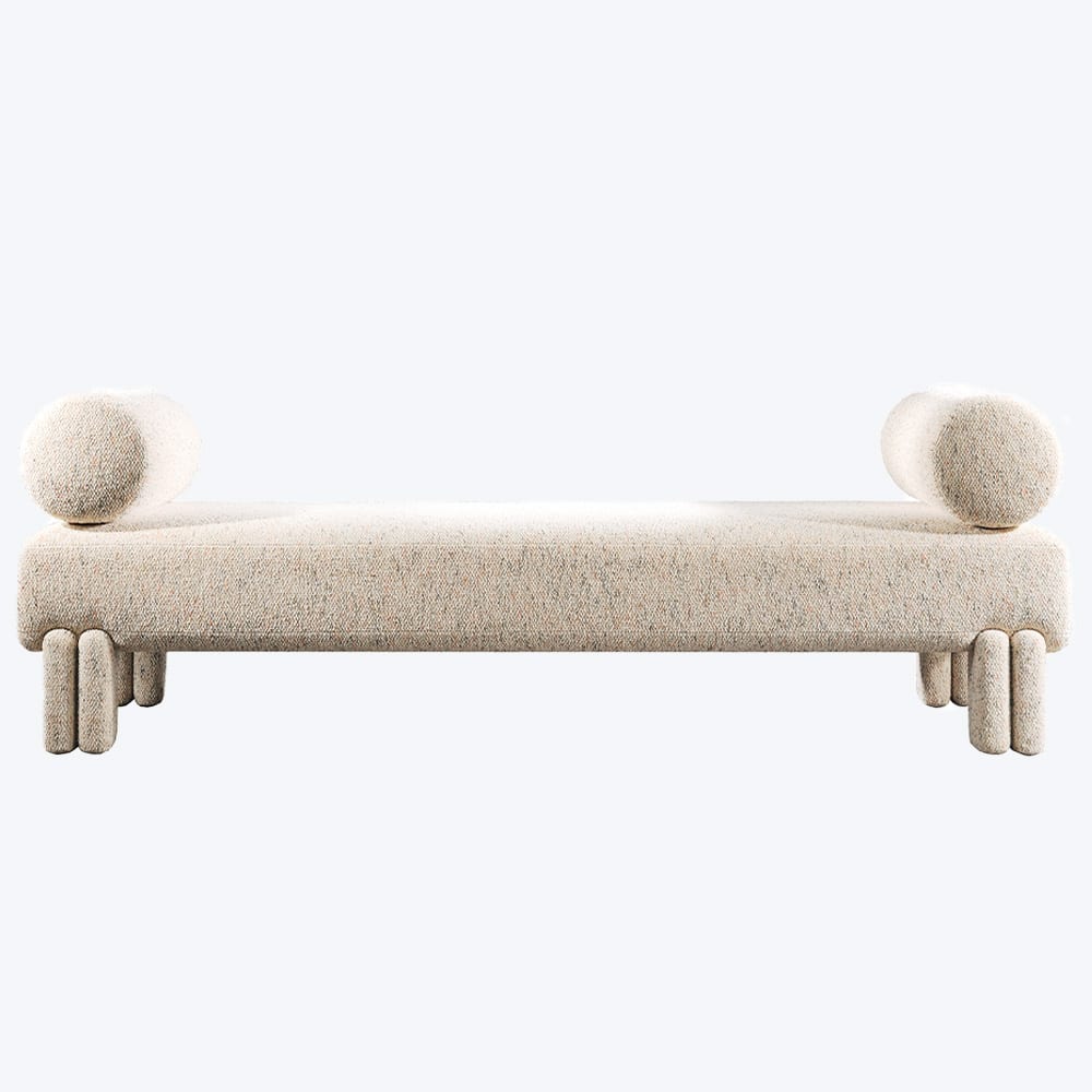 modern boucle bench, organik formlu luxury bench, özel üretim yatak ucu bench, sculptural contemporary oturma benchi, minimal tasarım lounge bench