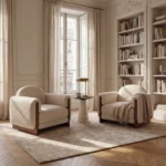 krem döşemeli özel üretim koltuk, yarım daire sırtlı özel ölçü lounge koltuk, ceviz yan panelli sipariş mobilya, yuvarlak kollu ısmarlama mobilya koltuk, modern luxury tekli koltuk tasarımı