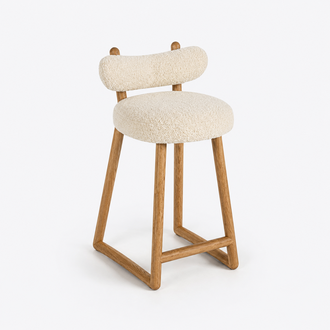 modern bar sandalyesi, boucle bar chair, özel üretim meşe bar sandalyesi, organik formlu bar taburesi, contemporary tasarım mutfak sandalyesi