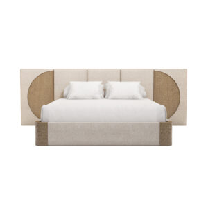 krem boucle özel üretim karyola, yarım daire ahşap panelli özel ölçü yatak, dikey panelli sipariş mobilya karyola, alçak bazalı ısmarlama mobilya yatak, soft luxury modern yatak tasarımı