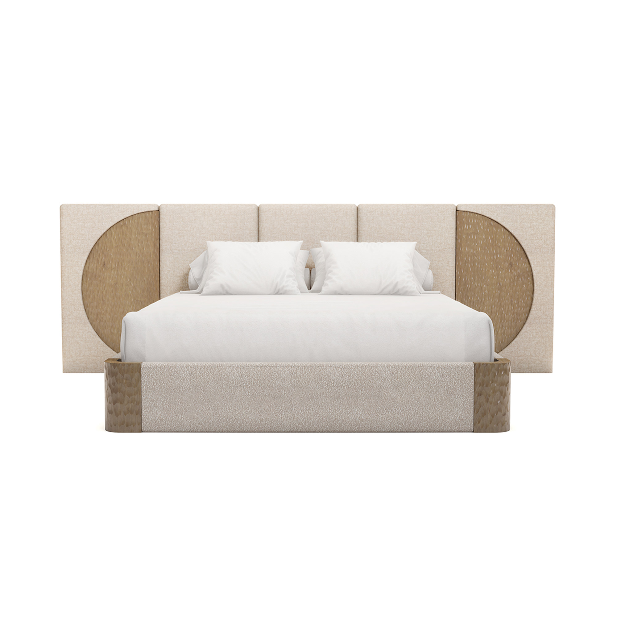 krem boucle özel üretim karyola, yarım daire ahşap panelli özel ölçü yatak, dikey panelli sipariş mobilya karyola, alçak bazalı ısmarlama mobilya yatak, soft luxury modern yatak tasarımı