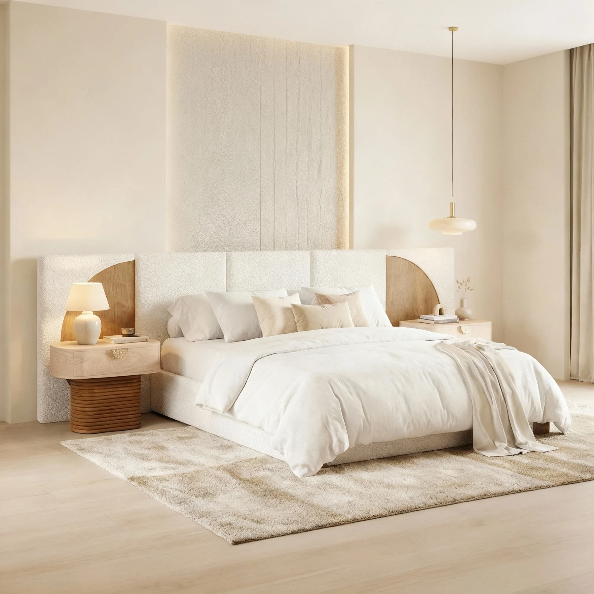 krem boucle özel üretim karyola, yarım daire ahşap panelli özel ölçü yatak, dikey panelli sipariş mobilya karyola, alçak bazalı ısmarlama mobilya yatak, soft luxury modern yatak tasarımı