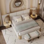 krem boucle özel üretim karyola, yarım daire ahşap panelli özel ölçü yatak, dikey panelli sipariş mobilya karyola, alçak bazalı ısmarlama mobilya yatak, soft luxury modern yatak tasarımı