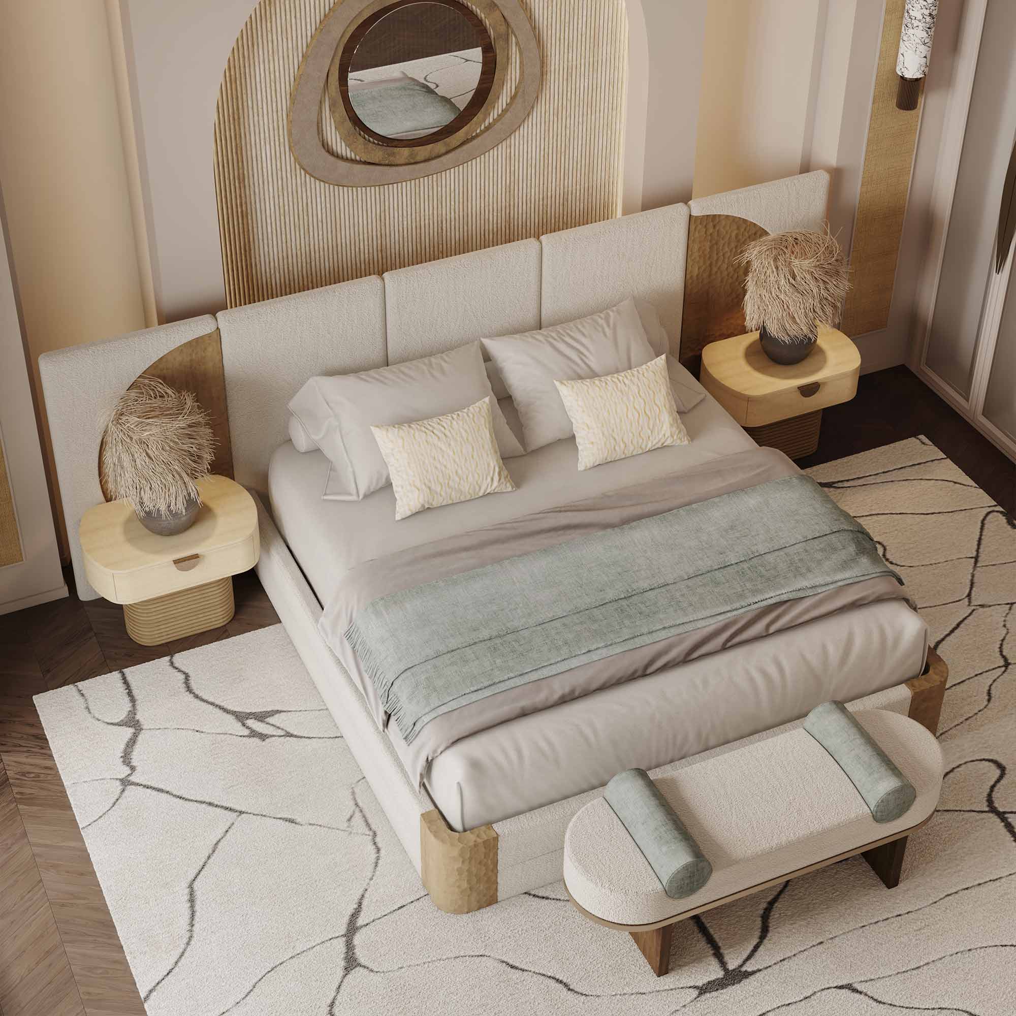 krem boucle özel üretim karyola, yarım daire ahşap panelli özel ölçü yatak, dikey panelli sipariş mobilya karyola, alçak bazalı ısmarlama mobilya yatak, soft luxury modern yatak tasarımı