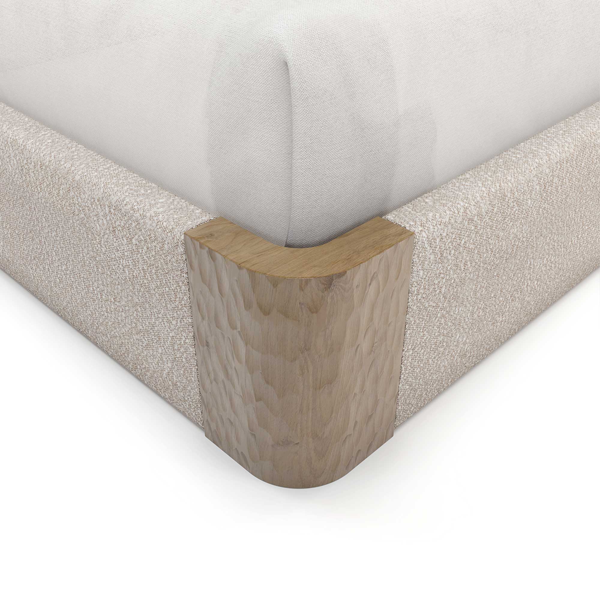 krem boucle özel üretim karyola, yarım daire ahşap panelli özel ölçü yatak, dikey panelli sipariş mobilya karyola, alçak bazalı ısmarlama mobilya yatak, soft luxury modern yatak tasarımı