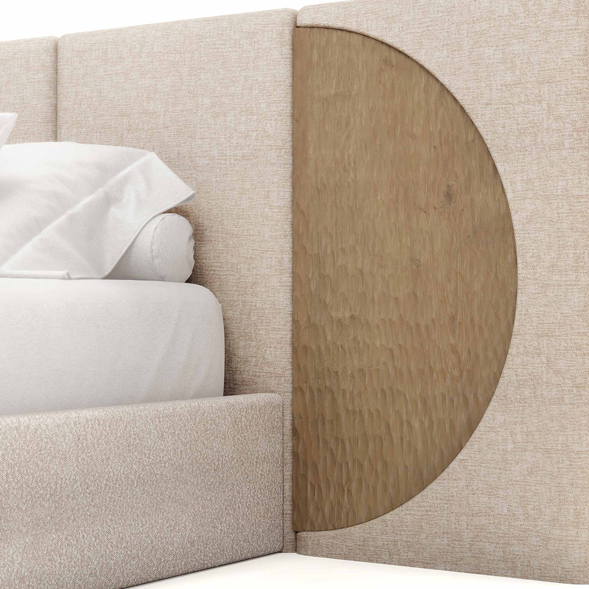 krem boucle özel üretim karyola, yarım daire ahşap panelli özel ölçü yatak, dikey panelli sipariş mobilya karyola, alçak bazalı ısmarlama mobilya yatak, soft luxury modern yatak tasarımı