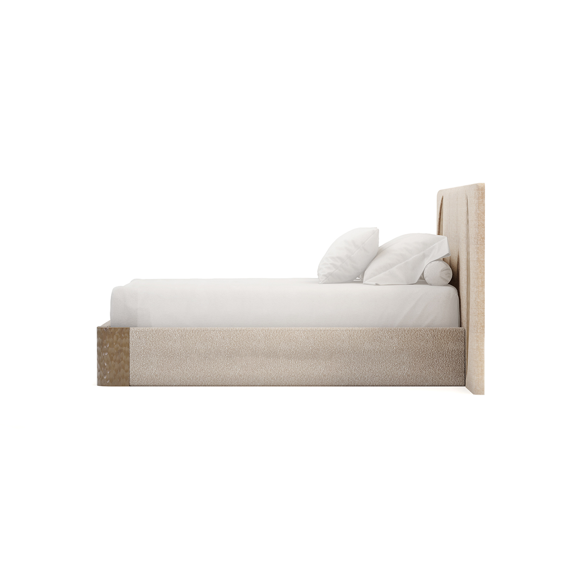 krem boucle özel üretim karyola, yarım daire ahşap panelli özel ölçü yatak, dikey panelli sipariş mobilya karyola, alçak bazalı ısmarlama mobilya yatak, soft luxury modern yatak tasarımı