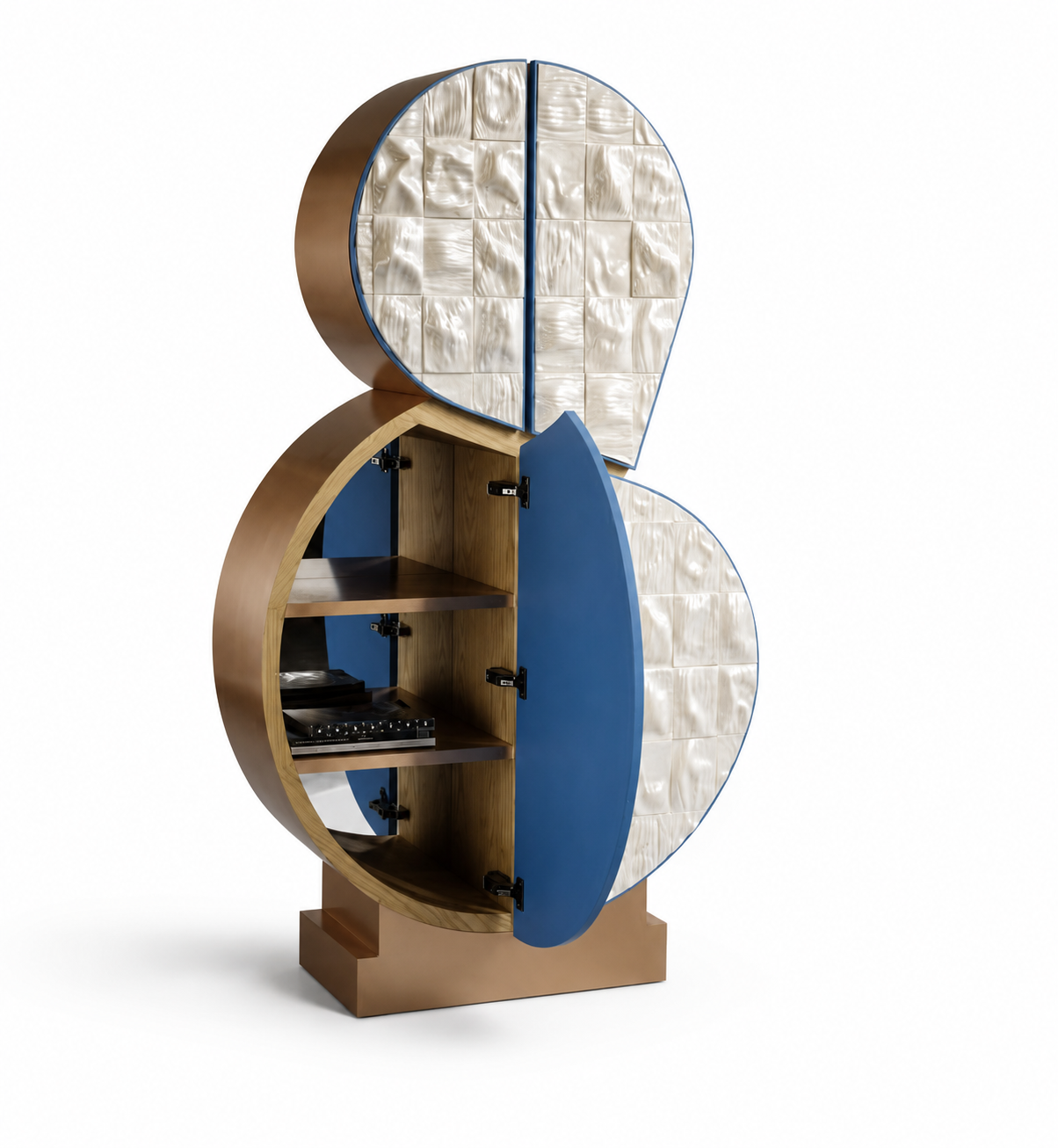 sedef efektli seramik panelli özel üretim vitrin büfe, mavi konturlu özel ölçü display cabinet, bronz gövdeli sipariş mobilya büfe, çift dairesel formlu ısmarlama mobilya vitrin, parlak sırlı seramik luxury cabinet