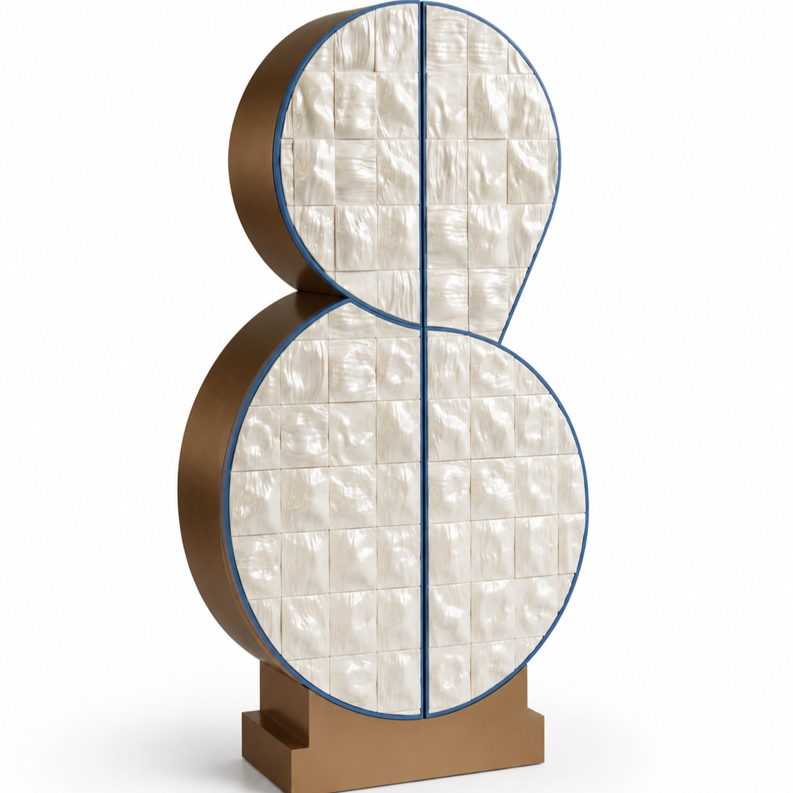 sedef efektli seramik panelli özel üretim vitrin büfe, mavi konturlu özel ölçü display cabinet, bronz gövdeli sipariş mobilya büfe, çift dairesel formlu ısmarlama mobilya vitrin, parlak sırlı seramik luxury cabinet