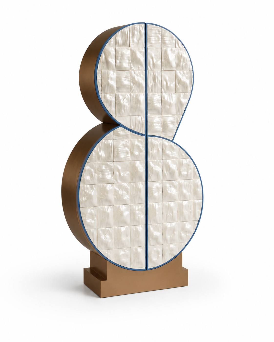 sedef efektli seramik panelli özel üretim vitrin büfe, mavi konturlu özel ölçü display cabinet, bronz gövdeli sipariş mobilya büfe, çift dairesel formlu ısmarlama mobilya vitrin, parlak sırlı seramik luxury cabinet