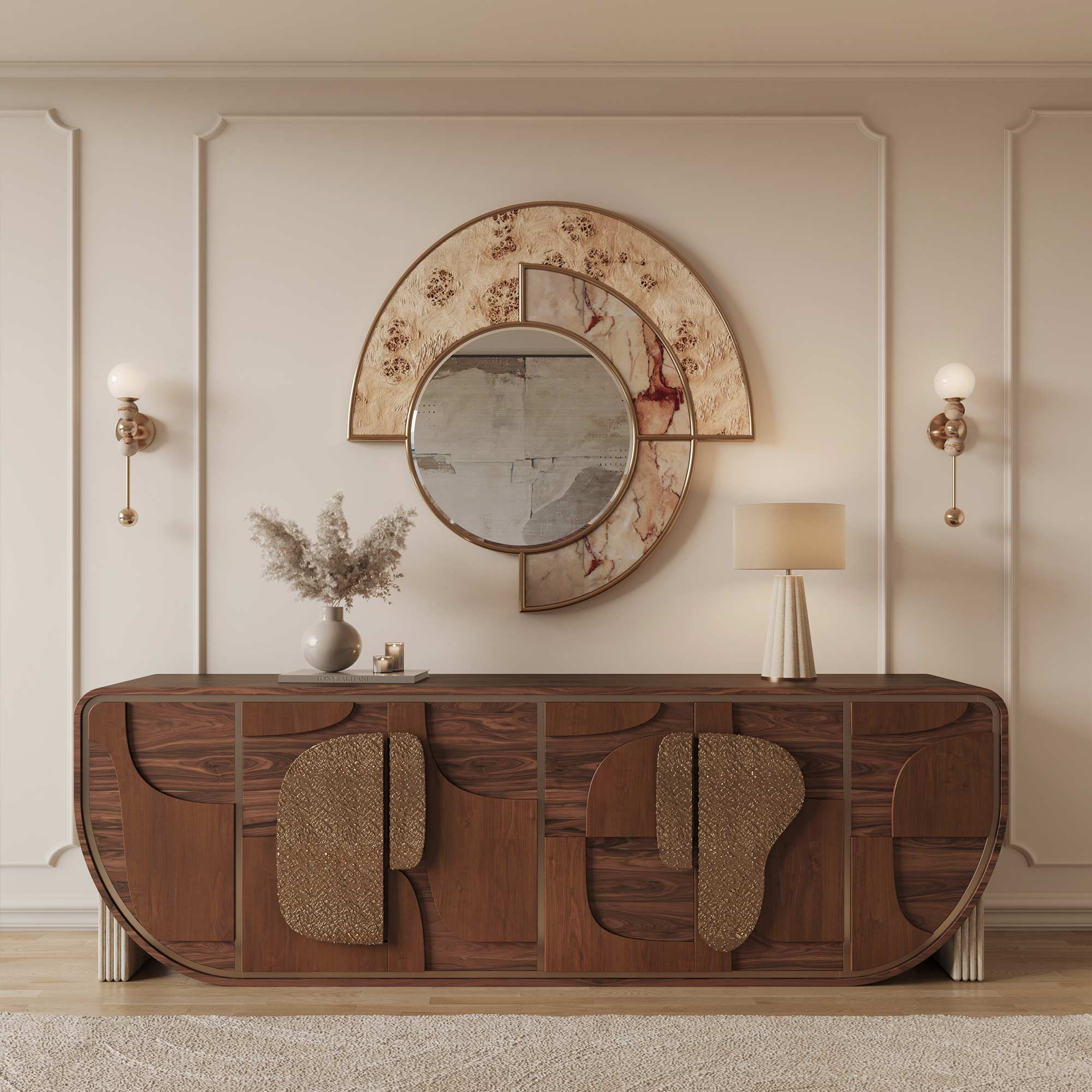patchwork ahşap özel üretim büfe, organik pirinç kulplu özel ölçü sideboard, yuvarlatılmış gövdeli sipariş mobilya büfe, krem taş ayaklı ısmarlama mobilya, lüks ahşap yemek odası büfesi