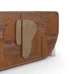 patchwork ahşap özel üretim büfe, organik pirinç kulplu özel ölçü sideboard, yuvarlatılmış gövdeli sipariş mobilya büfe, krem taş ayaklı ısmarlama mobilya, lüks ahşap yemek odası büfesi