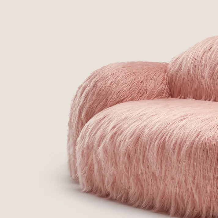 peluş contemporary kanepe, organik collectible design sofa, özel üretim fluffy luxury koltuk, pudra pembe modern kanepe, heykelsi playful sofa