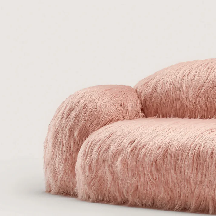 peluş contemporary kanepe, organik collectible design sofa, özel üretim fluffy luxury koltuk, pudra pembe modern kanepe, heykelsi playful sofa