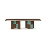 turkuaz patine panelli özel üretim yemek masası, koyu ceviz özel ölçü dining table, blok ayaklı sipariş mobilya masa, yuvarlatılmış köşeli ısmarlama mobilya tasarımı, dekoratif panelli lüks yemek masası