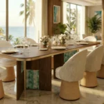 turkuaz patine panelli özel üretim yemek masası, koyu ceviz özel ölçü dining table, blok ayaklı sipariş mobilya masa, yuvarlatılmış köşeli ısmarlama mobilya tasarımı, dekoratif panelli lüks yemek masası
