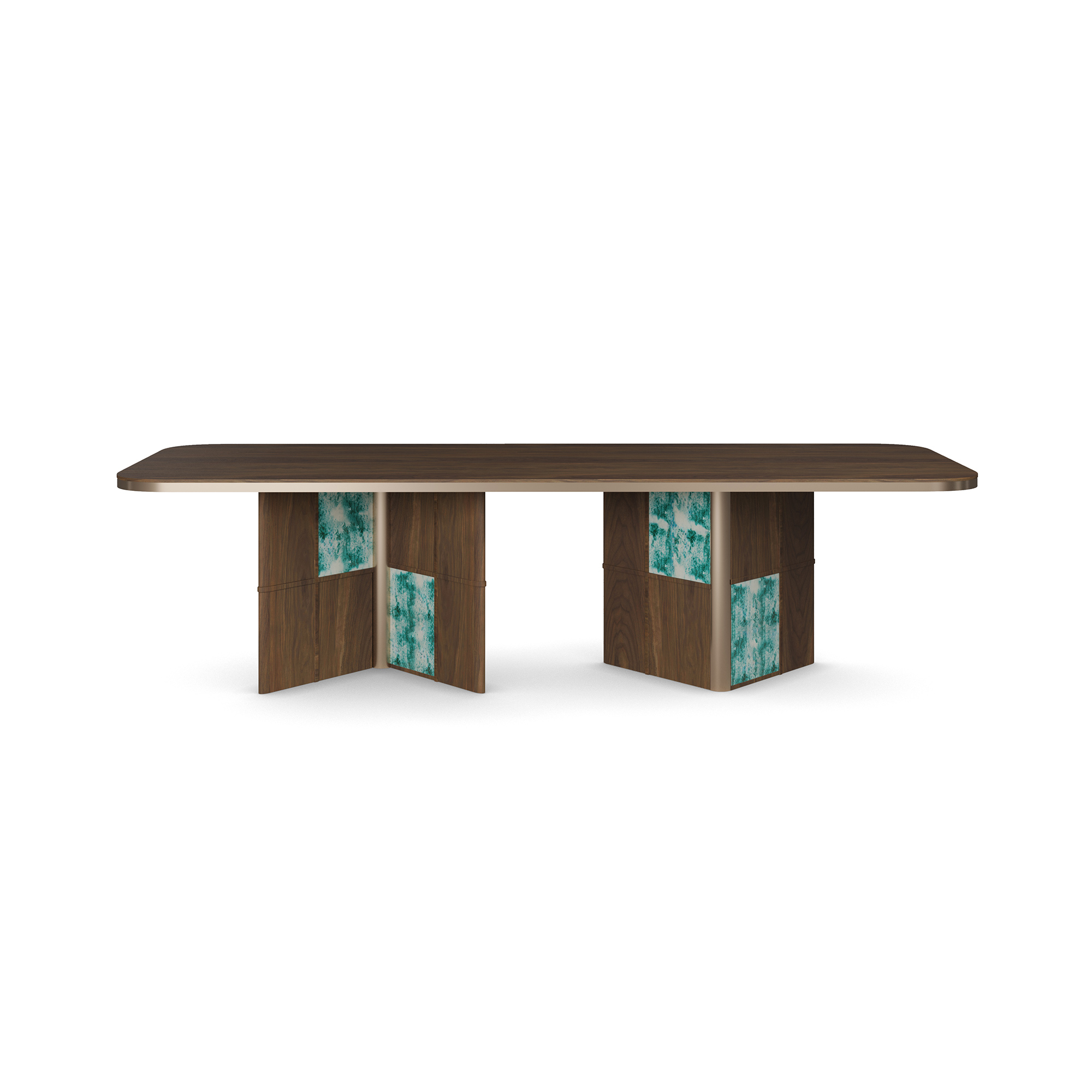 turkuaz patine panelli özel üretim yemek masası, koyu ceviz özel ölçü dining table, blok ayaklı sipariş mobilya masa, yuvarlatılmış köşeli ısmarlama mobilya tasarımı, dekoratif panelli lüks yemek masası