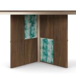 turkuaz patine panelli özel üretim yemek masası, koyu ceviz özel ölçü dining table, blok ayaklı sipariş mobilya masa, yuvarlatılmış köşeli ısmarlama mobilya tasarımı, dekoratif panelli lüks yemek masası