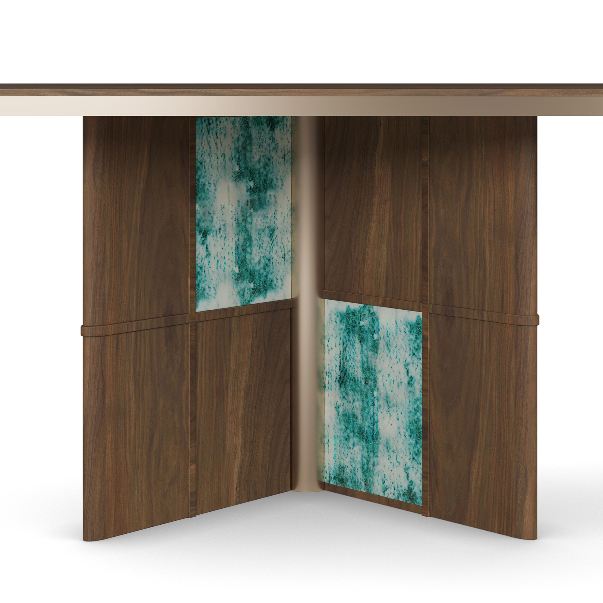 turkuaz patine panelli özel üretim yemek masası, koyu ceviz özel ölçü dining table, blok ayaklı sipariş mobilya masa, yuvarlatılmış köşeli ısmarlama mobilya tasarımı, dekoratif panelli lüks yemek masası