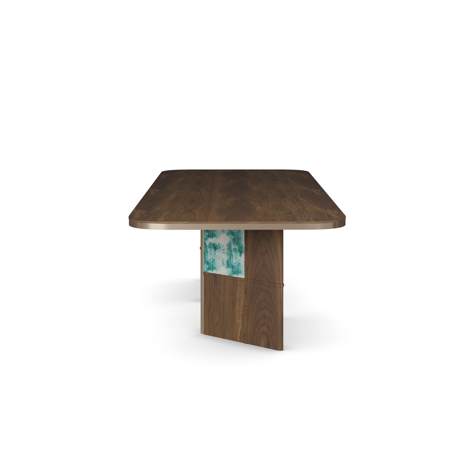 turkuaz patine panelli özel üretim yemek masası, koyu ceviz özel ölçü dining table, blok ayaklı sipariş mobilya masa, yuvarlatılmış köşeli ısmarlama mobilya tasarımı, dekoratif panelli lüks yemek masası