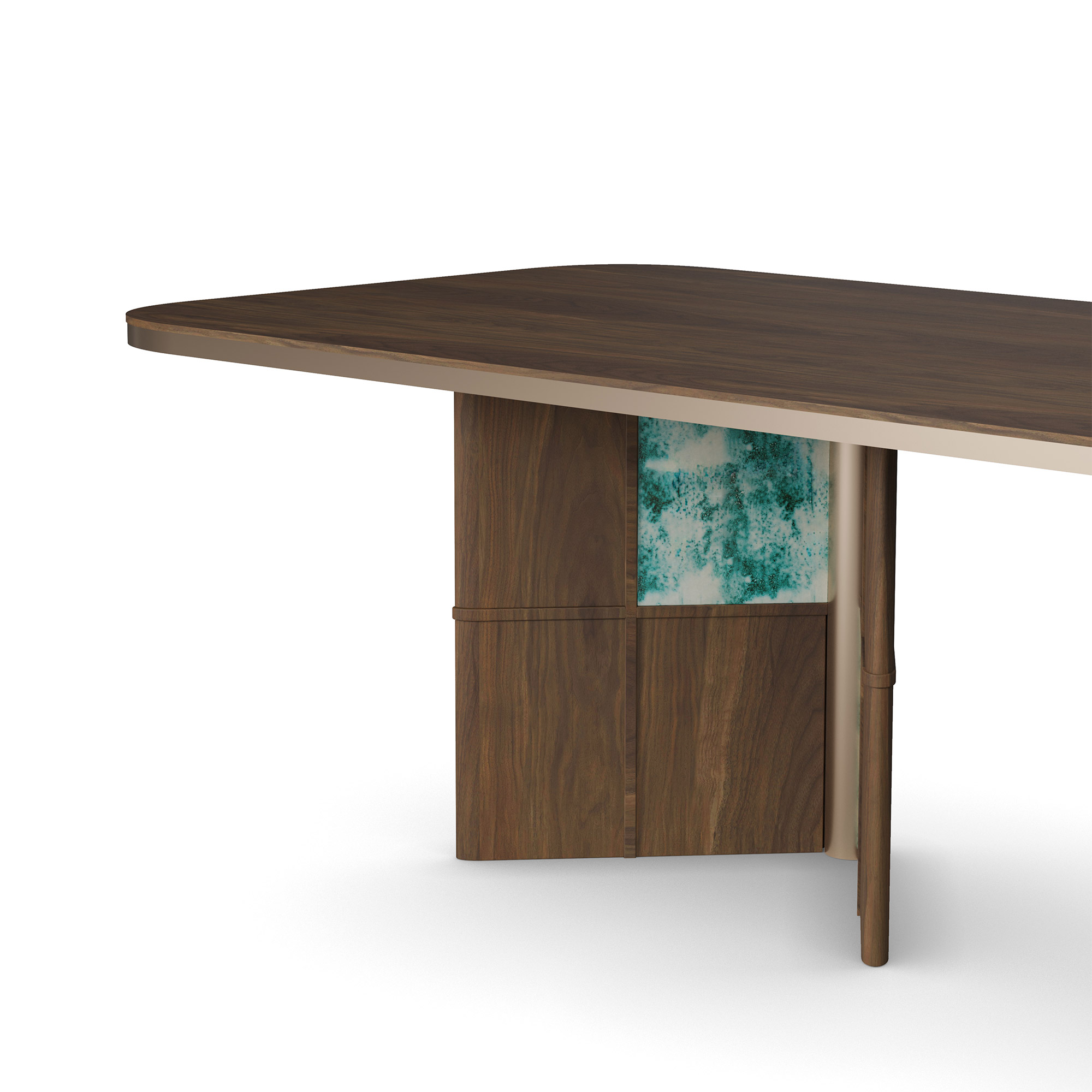 turkuaz patine panelli özel üretim yemek masası, koyu ceviz özel ölçü dining table, blok ayaklı sipariş mobilya masa, yuvarlatılmış köşeli ısmarlama mobilya tasarımı, dekoratif panelli lüks yemek masası