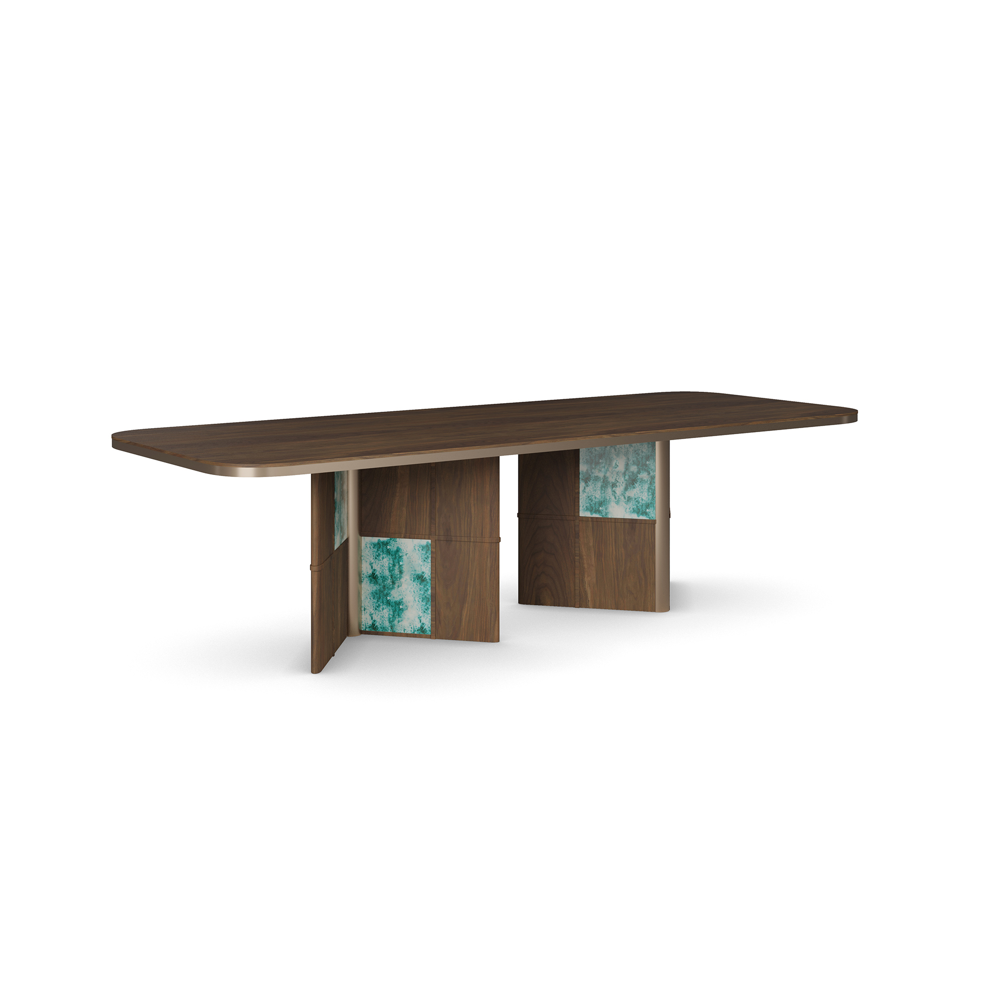 turkuaz patine panelli özel üretim yemek masası, koyu ceviz özel ölçü dining table, blok ayaklı sipariş mobilya masa, yuvarlatılmış köşeli ısmarlama mobilya tasarımı, dekoratif panelli lüks yemek masası