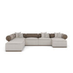 krem boucle özel üretim köşe kanepe, silindirik sırtlı özel ölçü lounge kanepe, modüler formda sipariş mobilya köşe koltuk, taupe deri detaylı ısmarlama mobilya kanepe, ahşap bazalı modern lüks köşe kanepe
