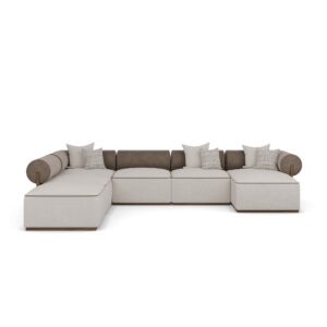 krem boucle özel üretim köşe kanepe, silindirik sırtlı özel ölçü lounge kanepe, modüler formda sipariş mobilya köşe koltuk, taupe deri detaylı ısmarlama mobilya kanepe, ahşap bazalı modern lüks köşe kanepe