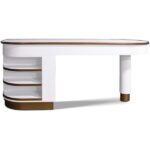 beyaz lake calisma masasi, contemporary luxury desk, ozel uretim home office masasi, ceviz detayli modern calisma masasi, pirinc kulplu designer desk