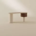 zeytin yeşili lake özel üretim makyaj masası, deri çekmeceli özel ölçü vanity desk, silindirik ayaklı sipariş mobilya masa, organik formlu ısmarlama mobilya makyaj masası, modern lüks dressing table tasarımı