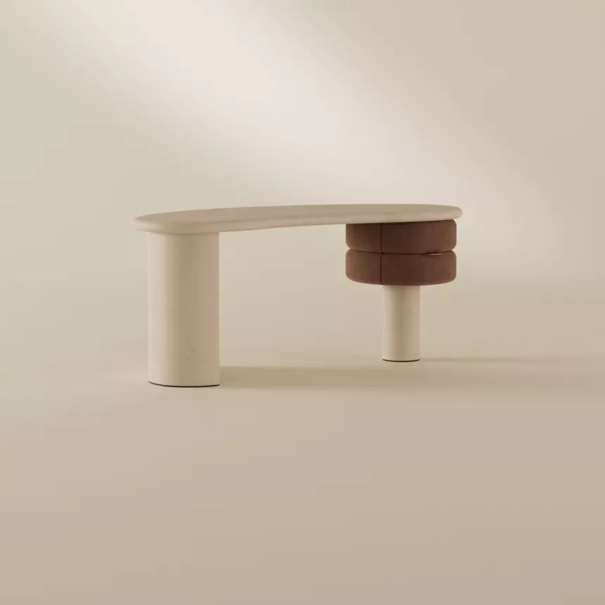zeytin yeşili lake özel üretim makyaj masası, deri çekmeceli özel ölçü vanity desk, silindirik ayaklı sipariş mobilya masa, organik formlu ısmarlama mobilya makyaj masası, modern lüks dressing table tasarımı