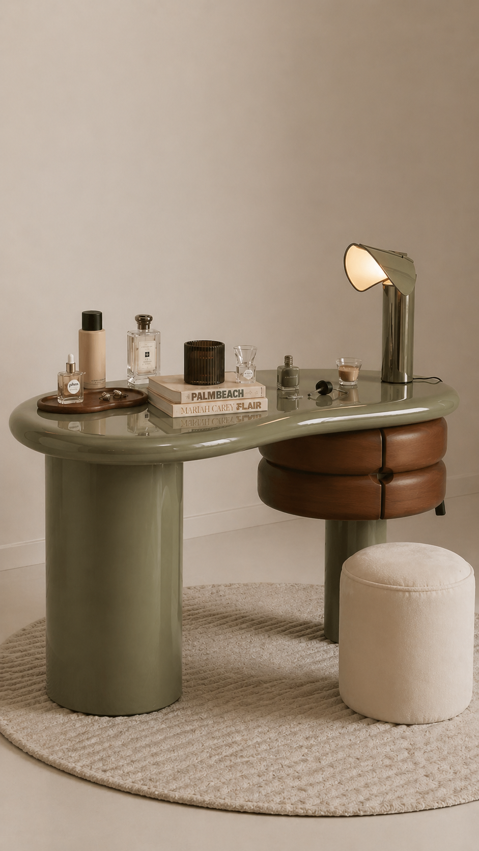 zeytin yeşili lake özel üretim makyaj masası, deri çekmeceli özel ölçü vanity desk, silindirik ayaklı sipariş mobilya masa, organik formlu ısmarlama mobilya makyaj masası, modern lüks dressing table tasarımı