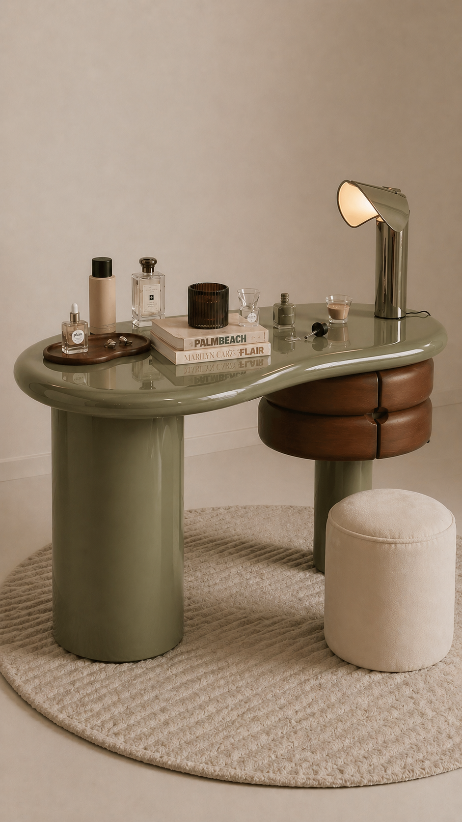 zeytin yeşili lake özel üretim makyaj masası, deri çekmeceli özel ölçü vanity desk, silindirik ayaklı sipariş mobilya masa, organik formlu ısmarlama mobilya makyaj masası, modern lüks dressing table tasarımı
