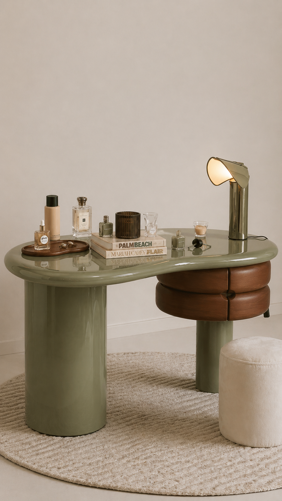 zeytin yeşili lake özel üretim makyaj masası, deri çekmeceli özel ölçü vanity desk, silindirik ayaklı sipariş mobilya masa, organik formlu ısmarlama mobilya makyaj masası, modern lüks dressing table tasarımı