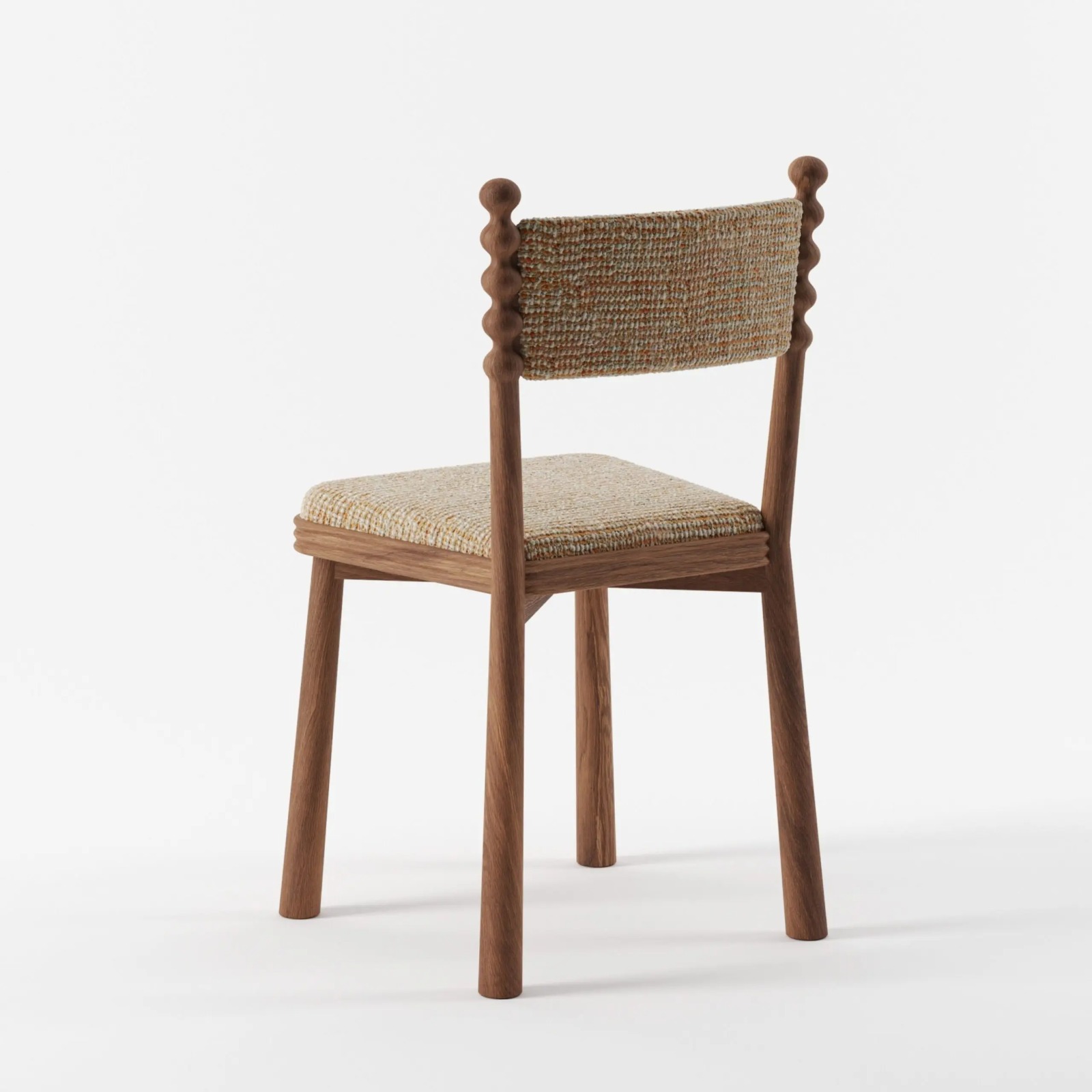 torna detaylı ahşap sandalye, meşe modern dining chair, özel üretim doğal ahşap sandalye, dokulu kumaşlı contemporary sandalye, organik formlu tasarım yemek sandalyesi