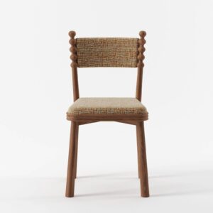 torna detaylı ahşap sandalye, meşe modern dining chair, özel üretim doğal ahşap sandalye, dokulu kumaşlı contemporary sandalye, organik formlu tasarım yemek sandalyesi
