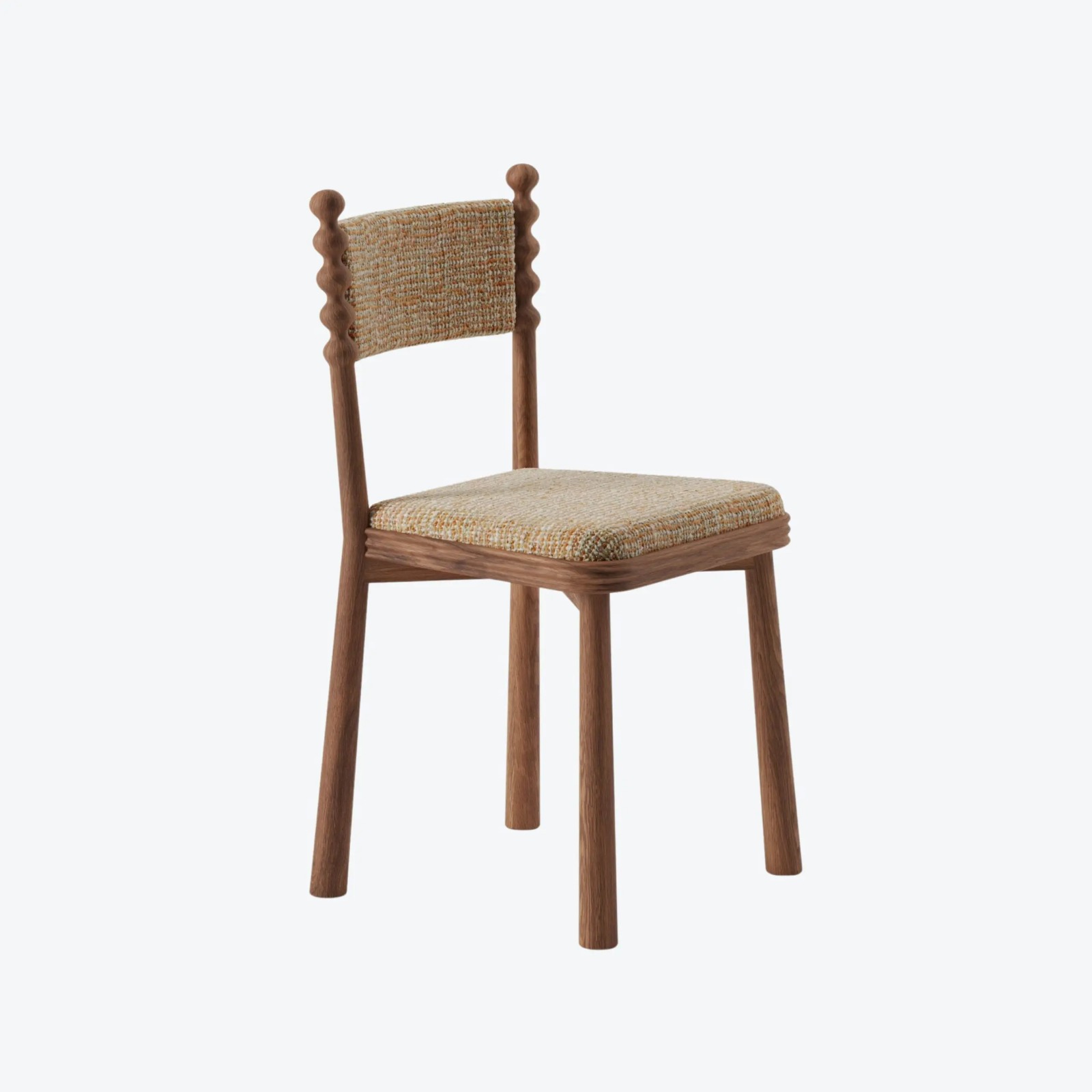 torna detaylı ahşap sandalye, meşe modern dining chair, özel üretim doğal ahşap sandalye, dokulu kumaşlı contemporary sandalye, organik formlu tasarım yemek sandalyesi