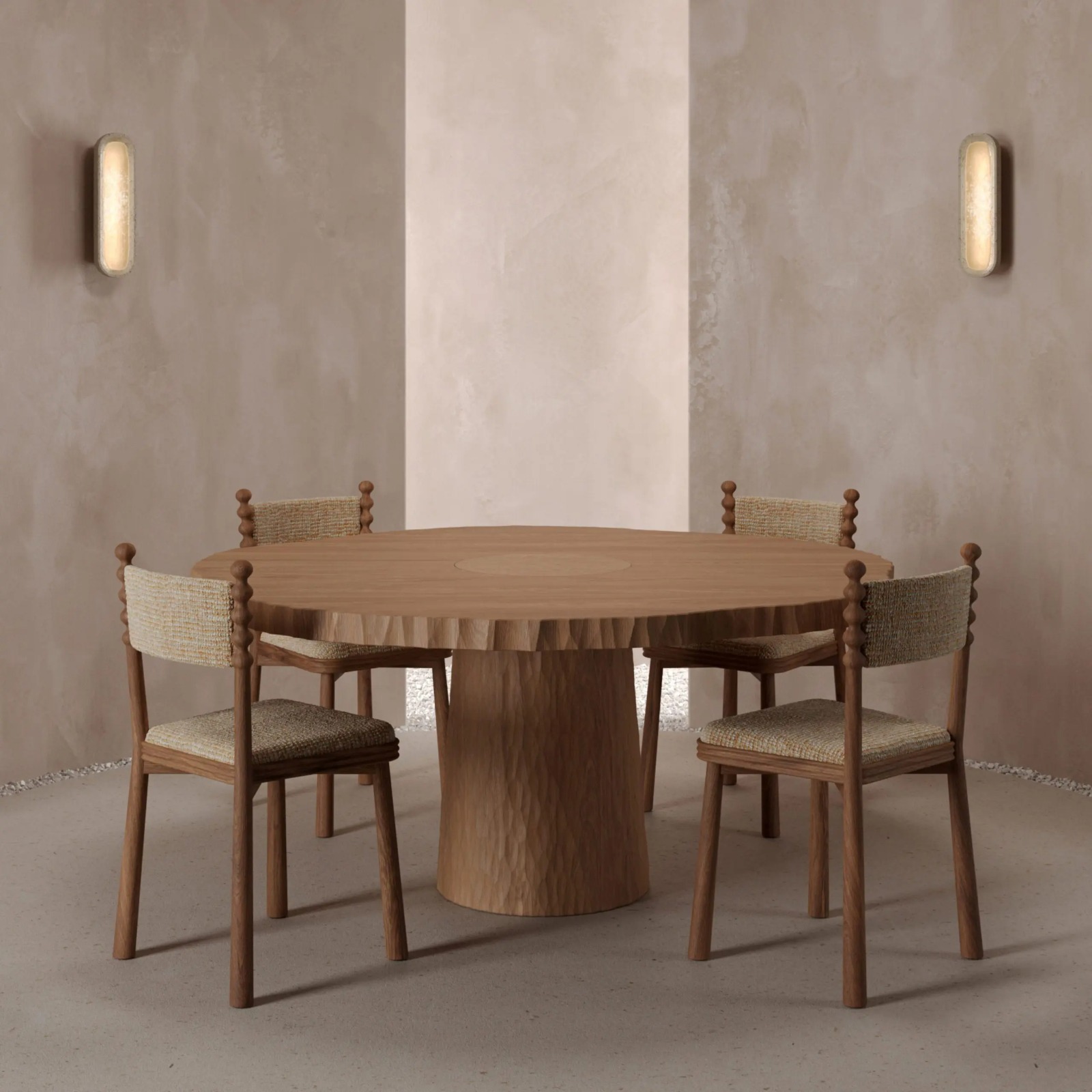 torna detaylı ahşap sandalye, meşe modern dining chair, özel üretim doğal ahşap sandalye, dokulu kumaşlı contemporary sandalye, organik formlu tasarım yemek sandalyesi