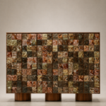 sırlı seramik kapaklı özel üretim büfe, ceviz gövdeli özel ölçü sideboard, çok renkli seramik panelli sipariş mobilya, silindirik ayaklı ısmarlama mobilya büfe, luxury dining room için yüksek depolama büfesi