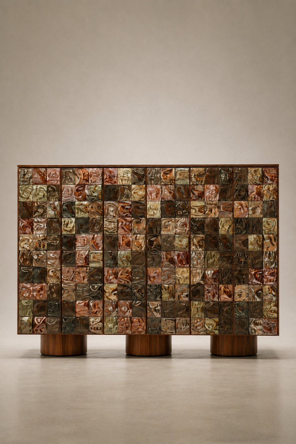 sırlı seramik kapaklı özel üretim büfe, ceviz gövdeli özel ölçü sideboard, çok renkli seramik panelli sipariş mobilya, silindirik ayaklı ısmarlama mobilya büfe, luxury dining room için yüksek depolama büfesi