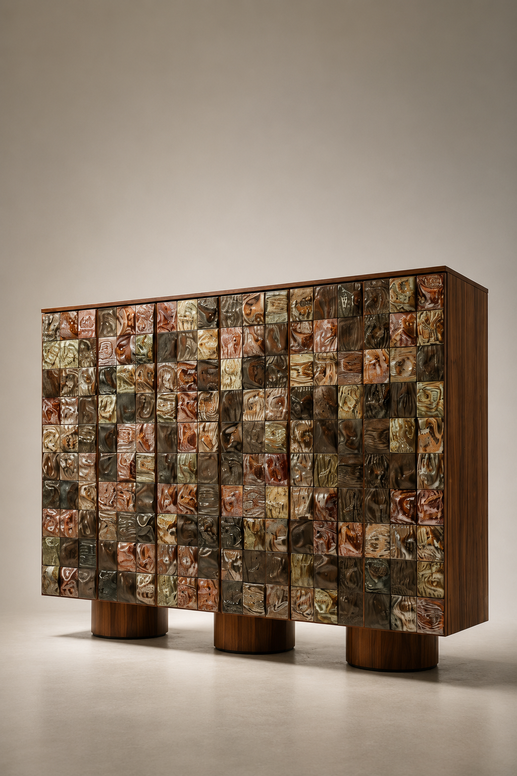 sırlı seramik kapaklı özel üretim büfe, ceviz gövdeli özel ölçü sideboard, çok renkli seramik panelli sipariş mobilya, silindirik ayaklı ısmarlama mobilya büfe, luxury dining room için yüksek depolama büfesi