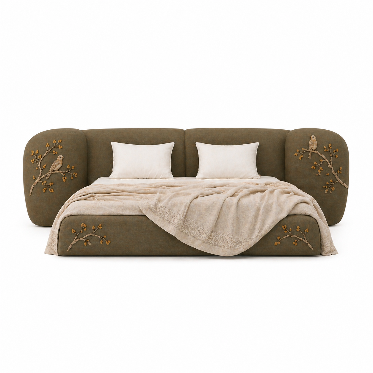 kavisli başlıklı döşemeli karyola, soft form modern yatak tasarımı, özel üretim kumaş kaplı karyola, contemporary yatak modeli, ısmarlama modern karyola