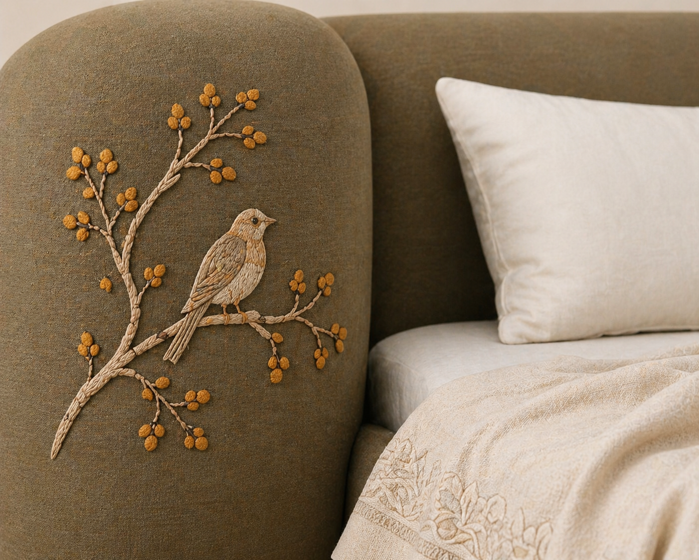 kavisli başlıklı döşemeli karyola, soft form modern yatak tasarımı, özel üretim kumaş kaplı karyola, contemporary yatak modeli, ısmarlama modern karyola