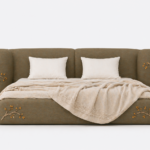 kavisli başlıklı döşemeli karyola, soft form modern yatak tasarımı, özel üretim kumaş kaplı karyola, contemporary yatak modeli, ısmarlama modern karyola