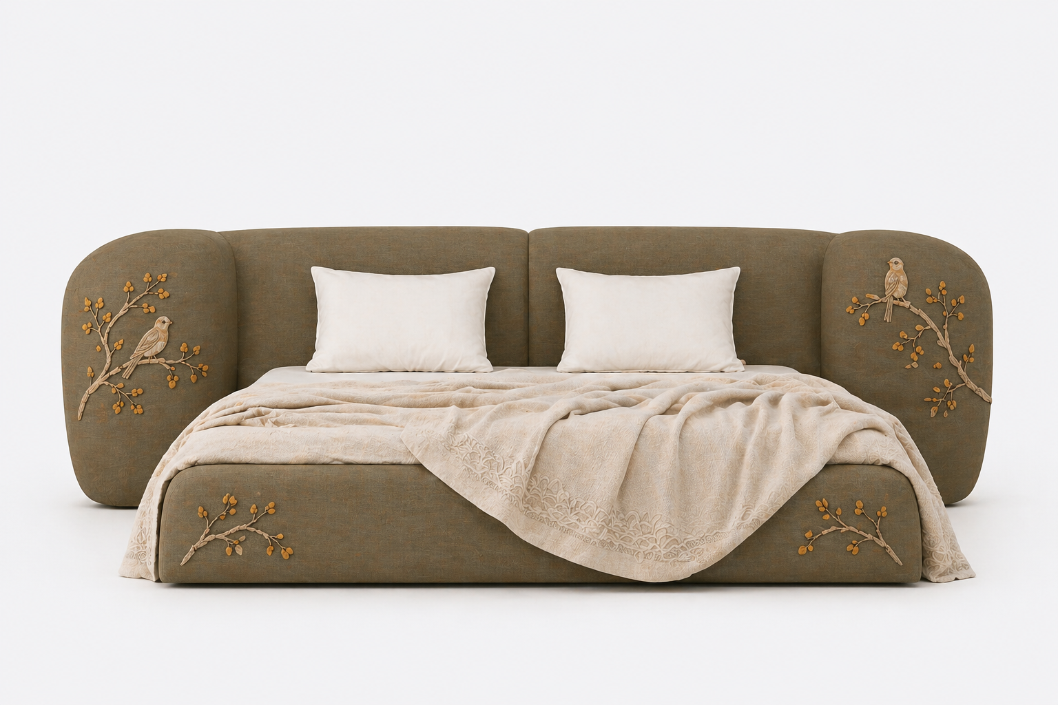 kavisli başlıklı döşemeli karyola, soft form modern yatak tasarımı, özel üretim kumaş kaplı karyola, contemporary yatak modeli, ısmarlama modern karyola