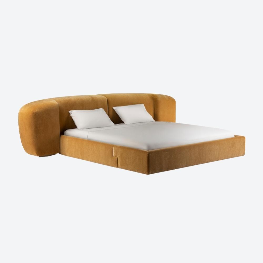 kavisli başlıklı modern karyola, döşemeli tasarım yatak, özel üretim kumaş kaplı karyola, yumuşak form minimal yatak, ısmarlama modern karyola