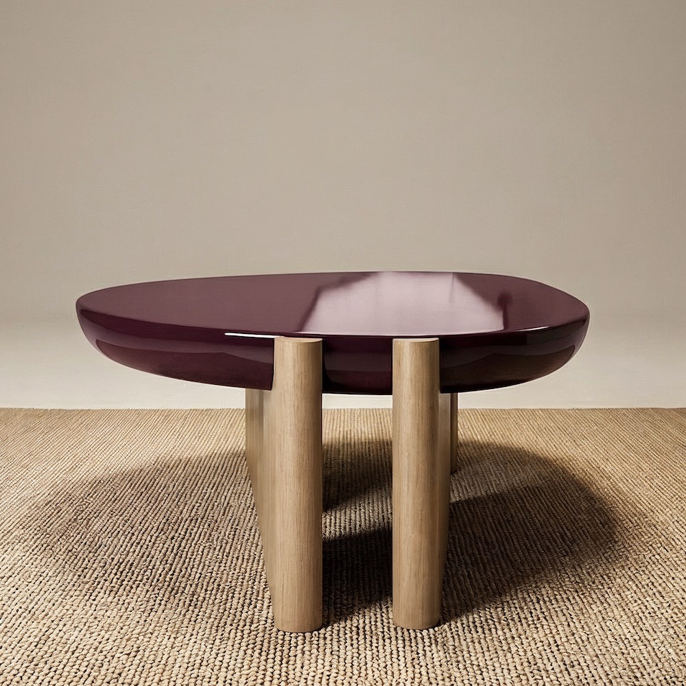 mürdüm lake özel üretim sehpa, açık meşe özel ölçü coffee table, silindirik ayaklı sipariş mobilya sehpa, organik tablalı ısmarlama mobilya, modern lüks salon sehpası